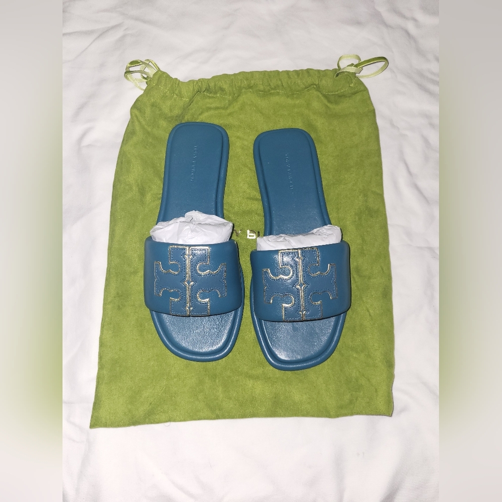 Tory Burch Teal Slide Sandals - Picture 1 of 2